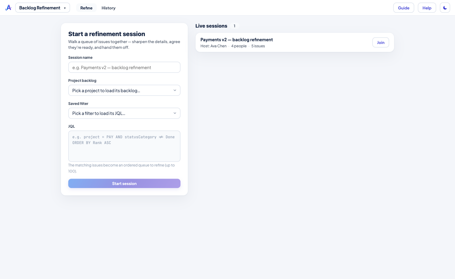 Backlog Refinement — a shared real-time grooming room for Jira