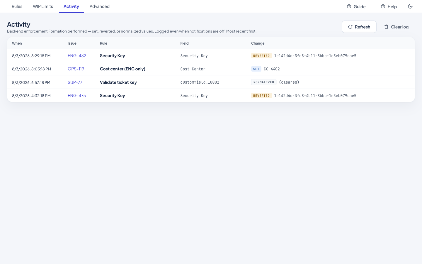 Formation's Activity log — a filterable, exportable trail of every backend correction, with the issue, the rule, and the outcome