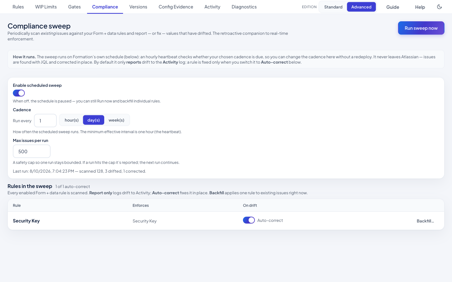 Compliance Sweep — a scheduled sweep that finds and optionally corrects rule violations across existing issues