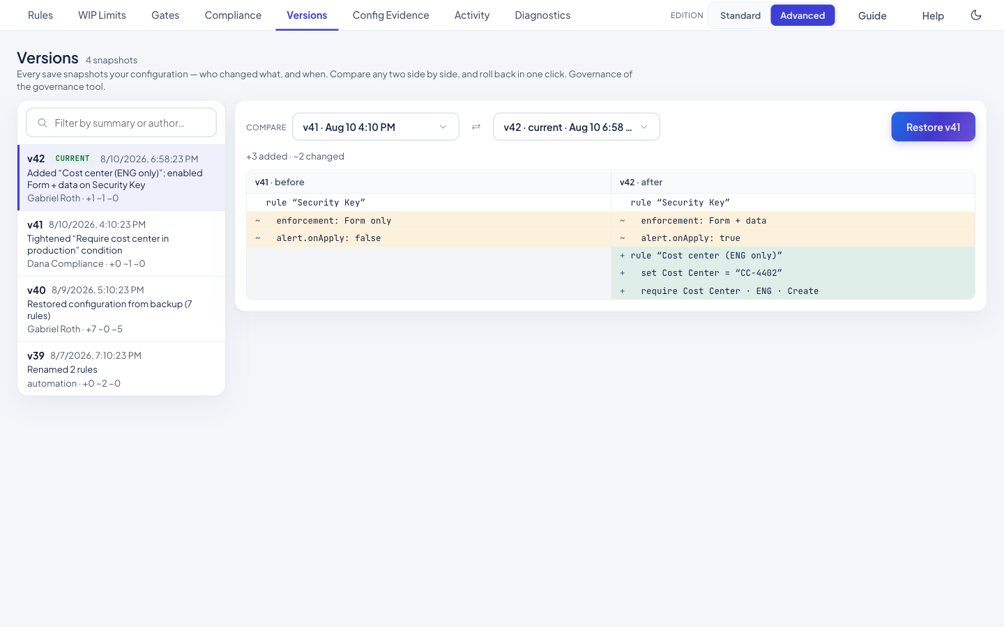 Formation Config Versions — a list of configuration snapshots with a side-by-side diff of what changed between two versions