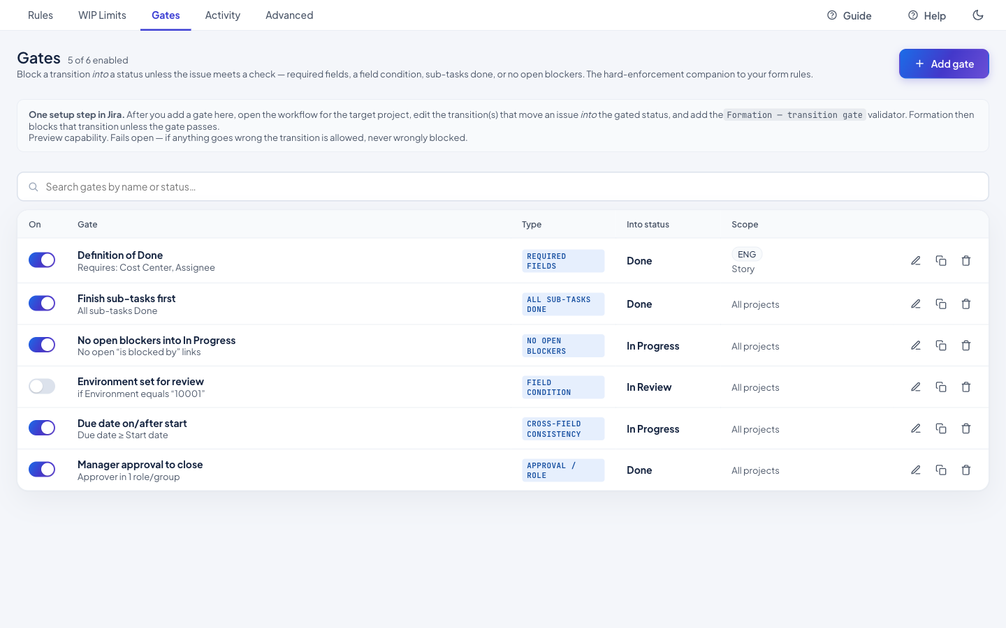 Transition Gates in Formation — require field values, cross-field rules, or approvals before a Jira workflow transition is allowed
