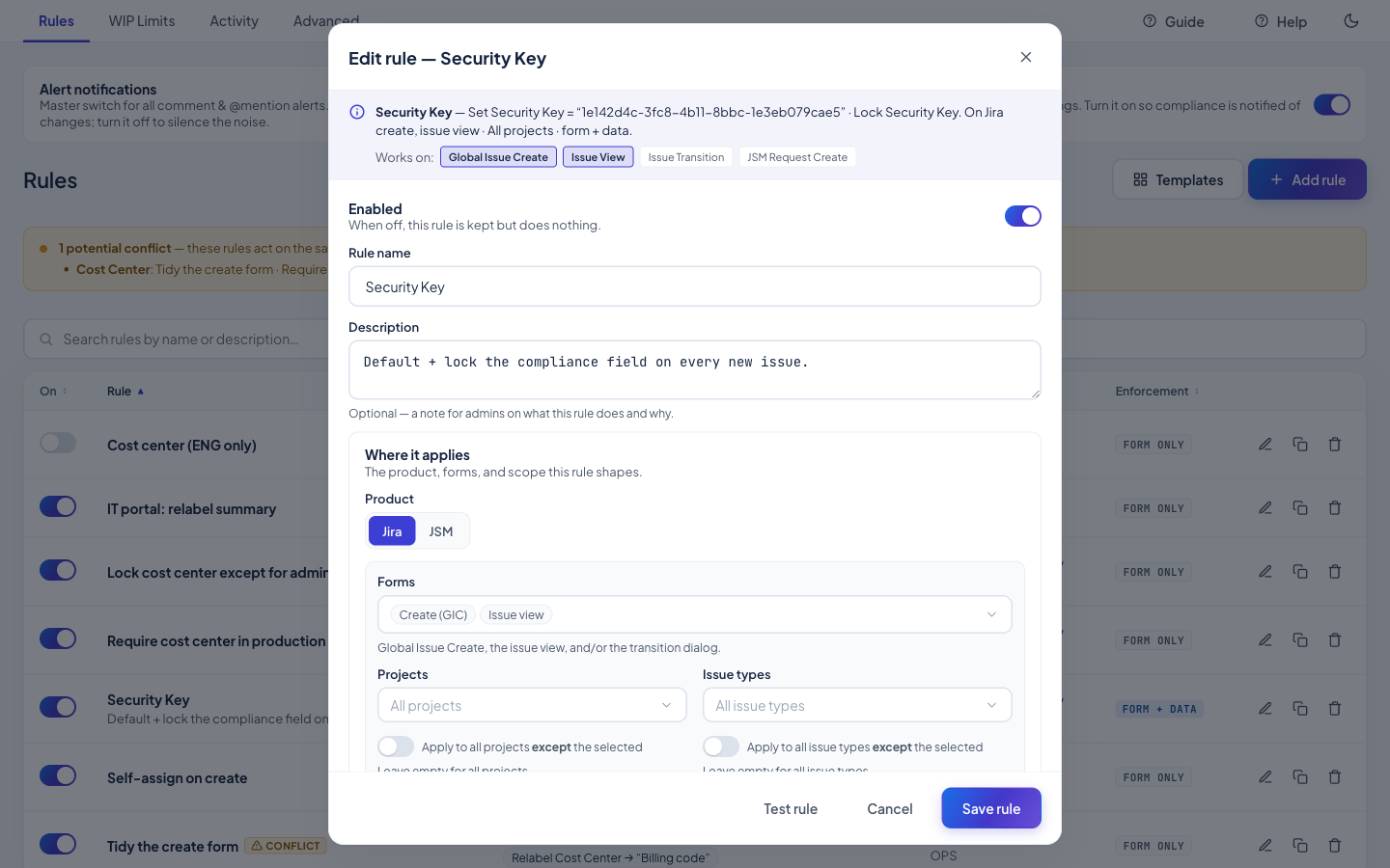 The Formation rule editor — pick the actions, where they apply, when, who they apply to, and how hard they're enforced, with a live plain-language summary