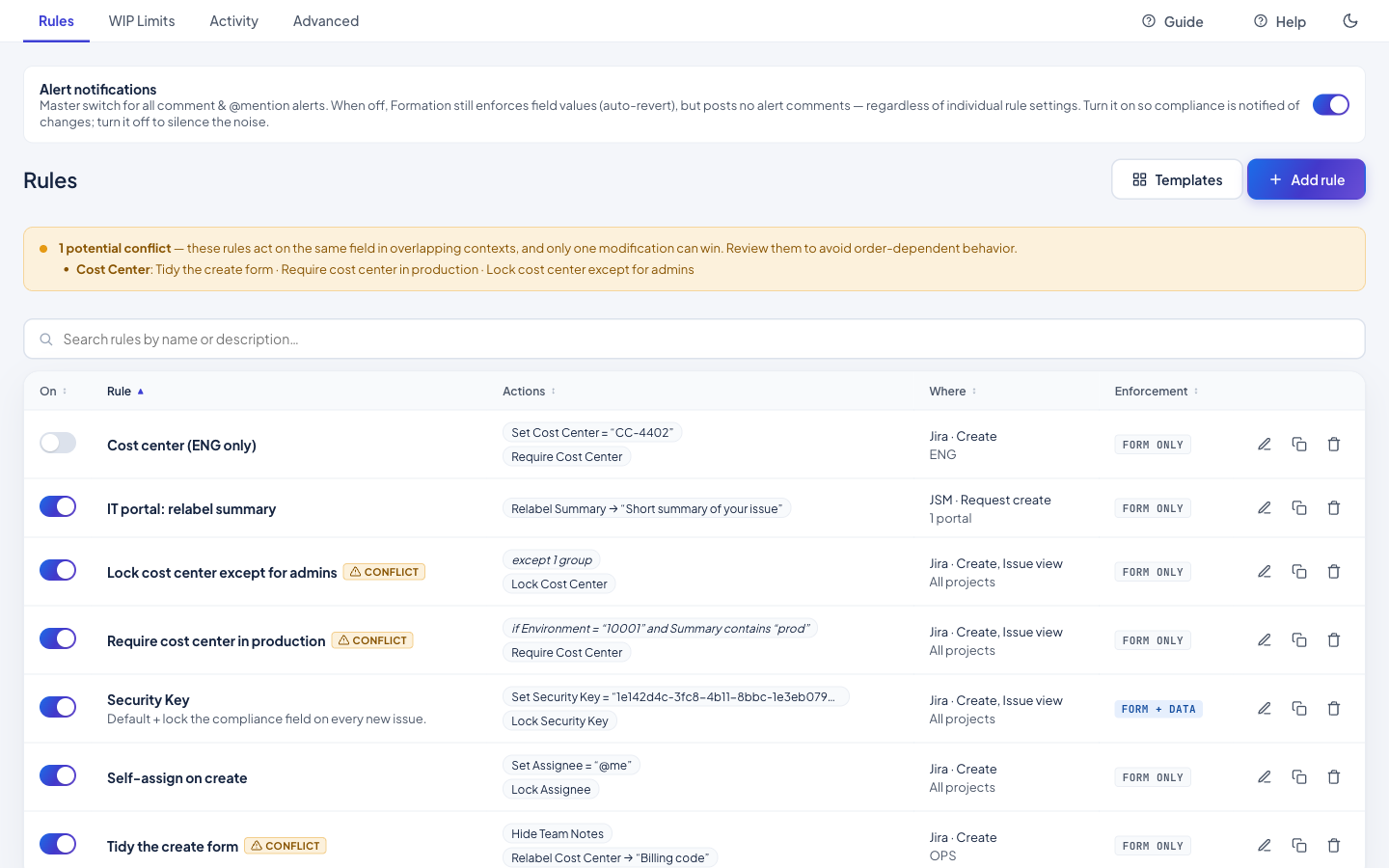 Formation for Jira — every governance rule in one list, showing what each does, where it applies, and how it's enforced, with conflicts flagged