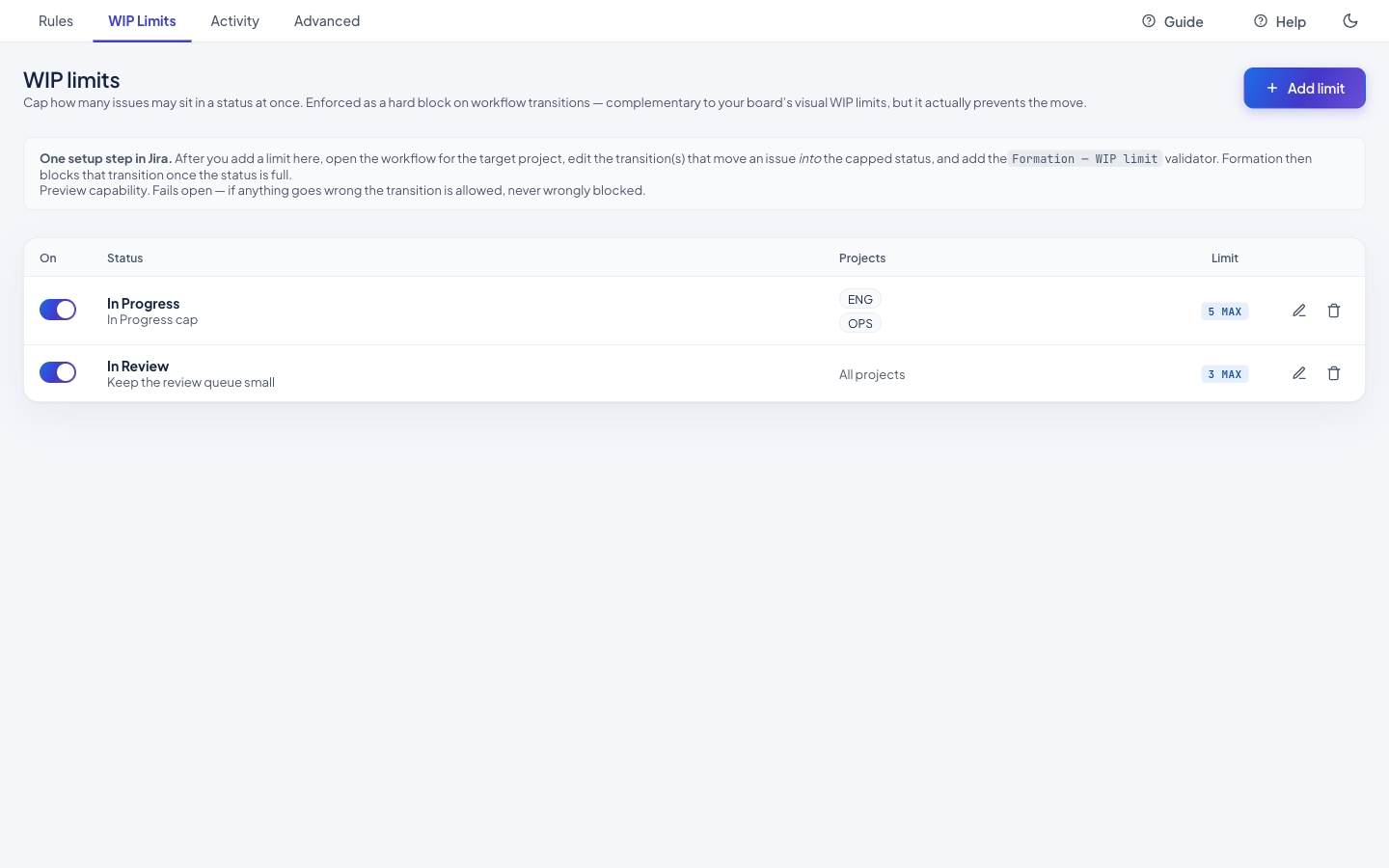 WIP Limits in Formation — per-status caps on how many issues may sit in a status, enforced as a hard block on Jira transitions