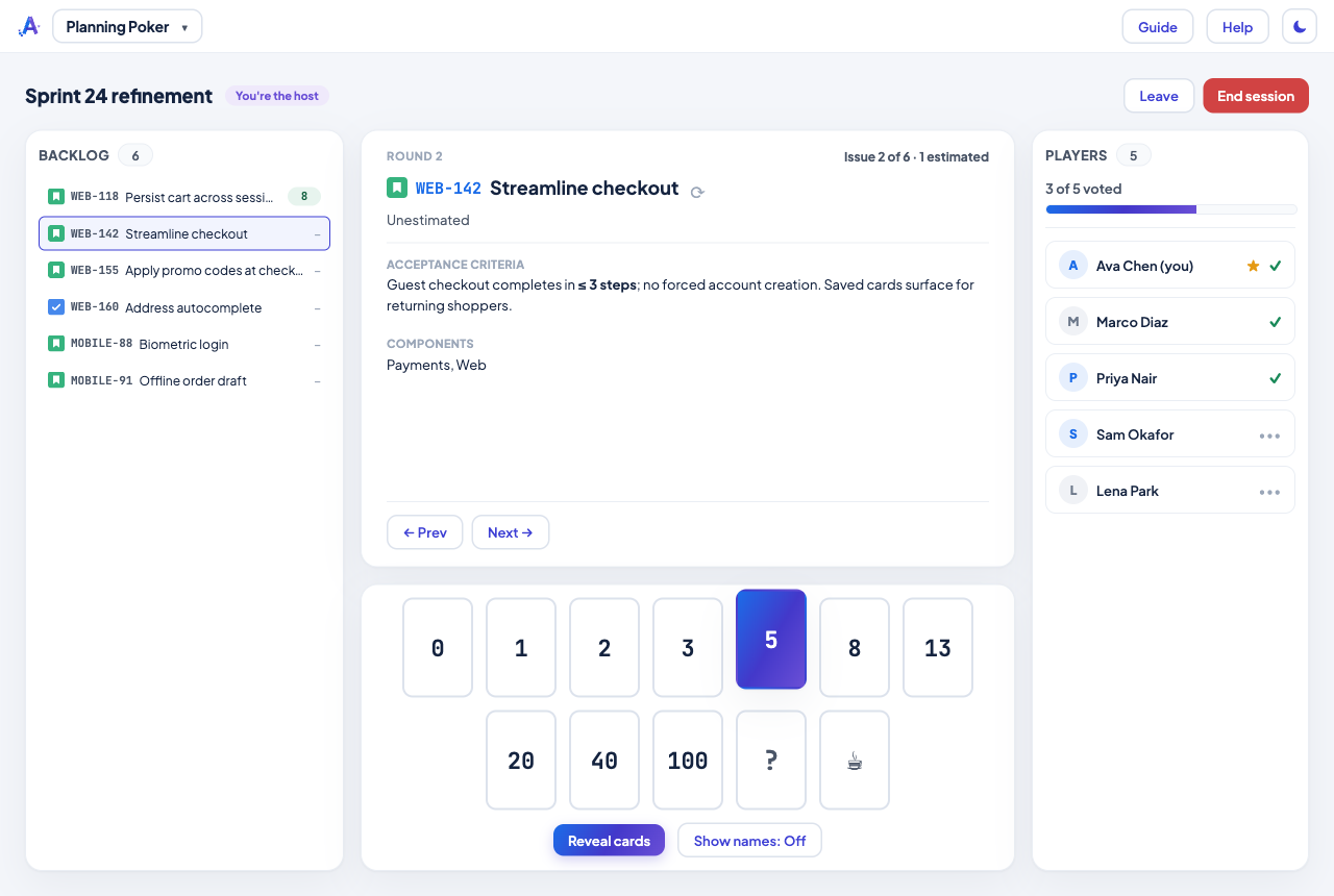Planning Poker — anonymous real-time story estimation for Jira