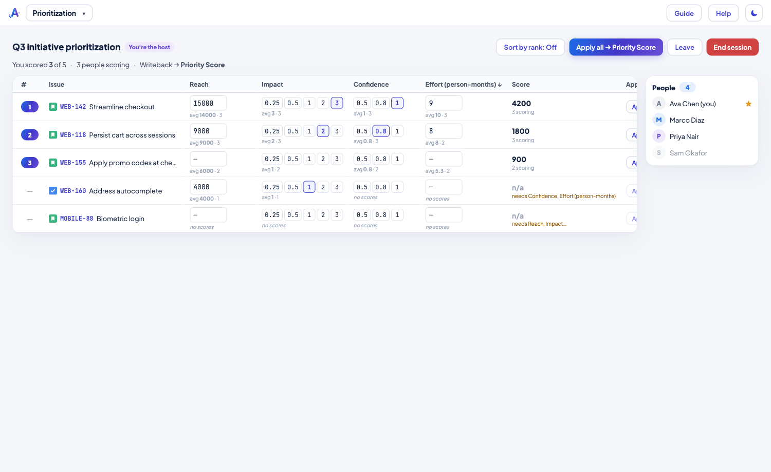 Prioritization — collaborative RICE, WSJF and ICE scoring in Jira